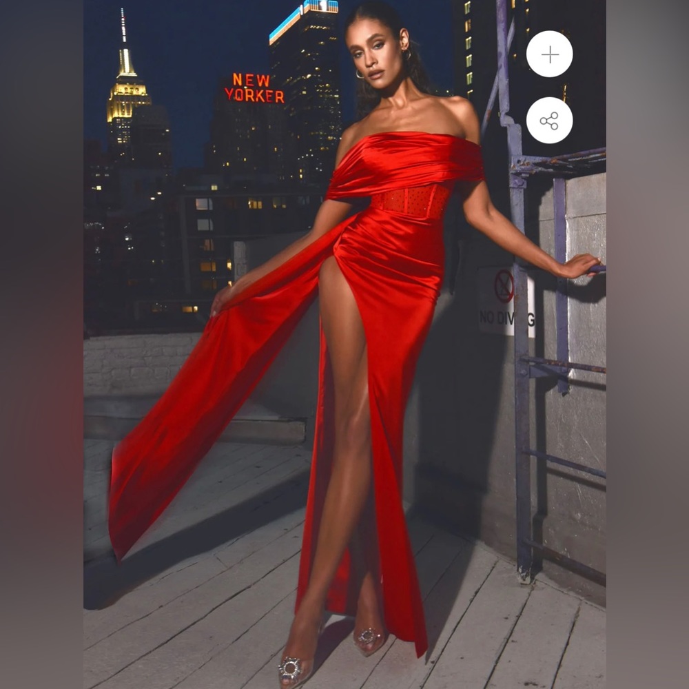 Miss Circle Norma Red Off Shoulder Crystallized Corset Satin Gown Prom Wedding